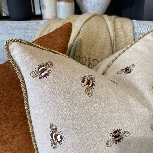 Honey Bee Cushion with Feather Inner - Natural - Hand-Embroidered