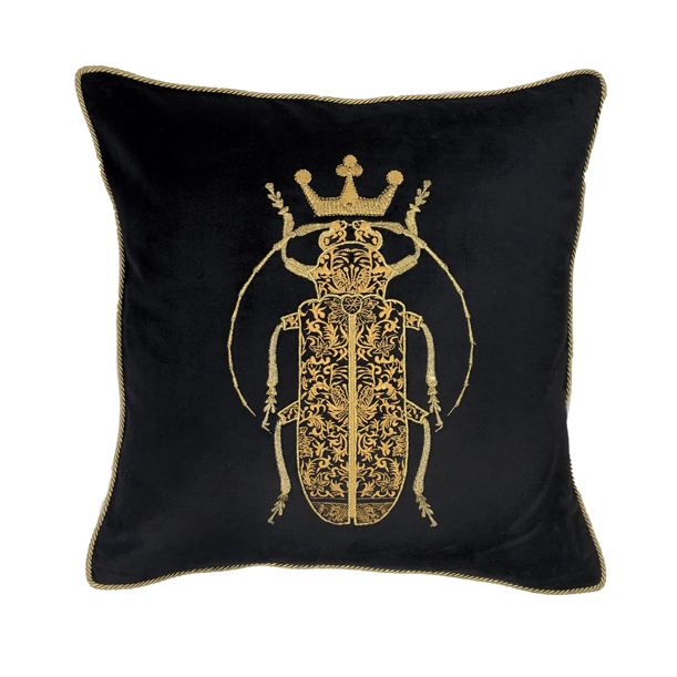 Beetle Velvet Cushion with Feather Inner - Black - Hand-Embroidered