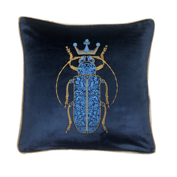 Beetle Velvet Cushion with Feather Inner - Blue - Hand-Embroidered