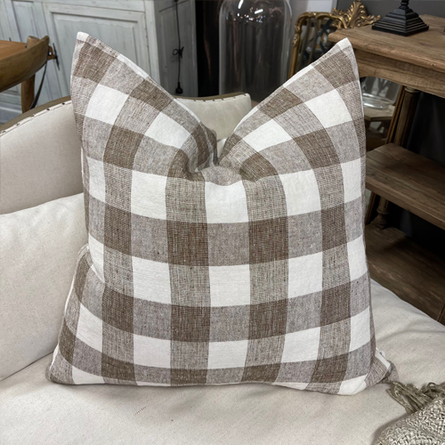 Check Cushion with Feather Inner - Brown