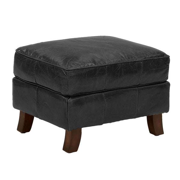 Stanwick Leather Footstool Ottoman - Aged Black