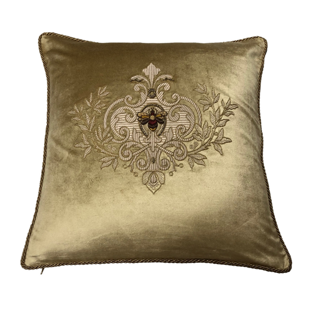 Filigree Bee Cushion with Feather Inner -Gold - Hand-Embroidered