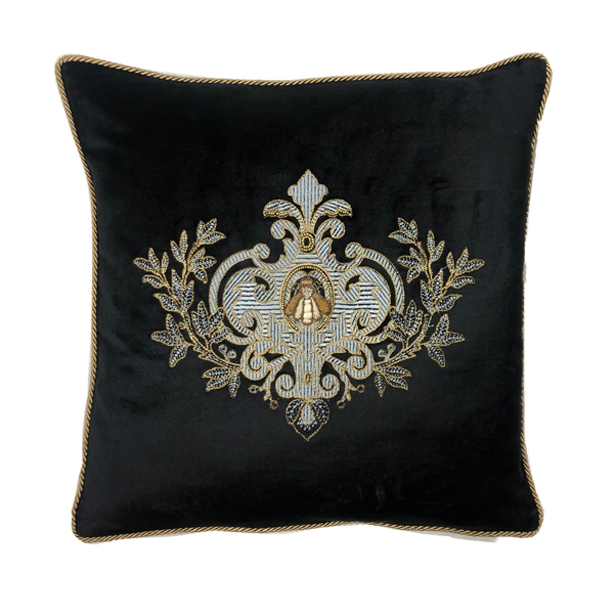 Filigree Bee Cushion with Feather Inner - Black - Hand-Embroidered