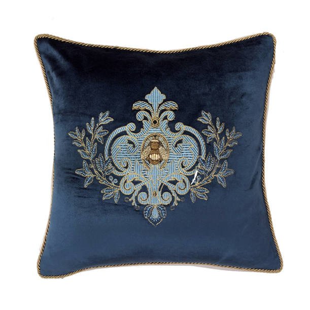 Filigree Bee Cushion with Feather Inner - Navy - Hand-Embroidered