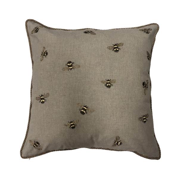 Honey Bee Cushion with Feather Inner - Natural - Hand-Embroidered
