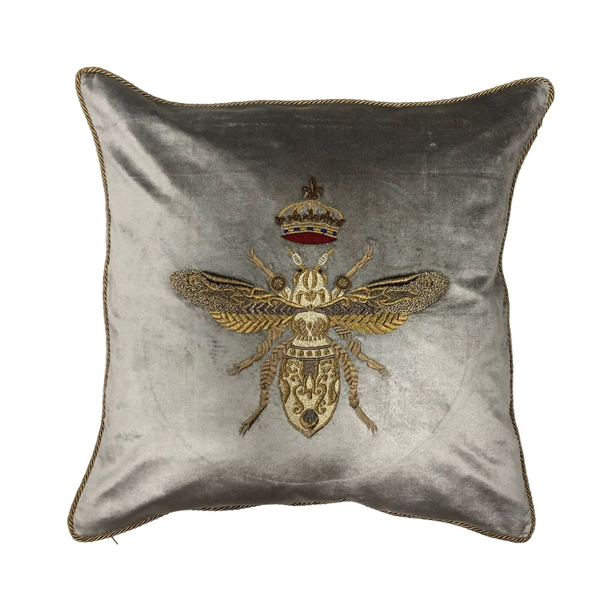 Regal Bee Cushion with Feather Inner - Platinum - Hand-Embroidered