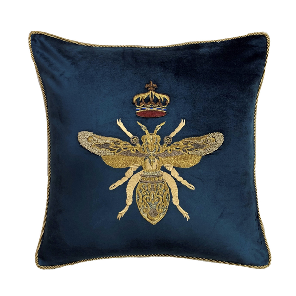 Regal Bee Cushion with Feather Inner - Navy - Hand-Embroidered