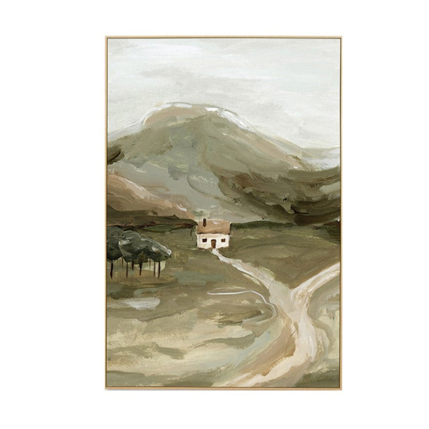 Secluded Cottage Khaki Framed Canvas