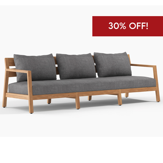 kisbee outdoor sofa 3 seater teak with grey fabric
