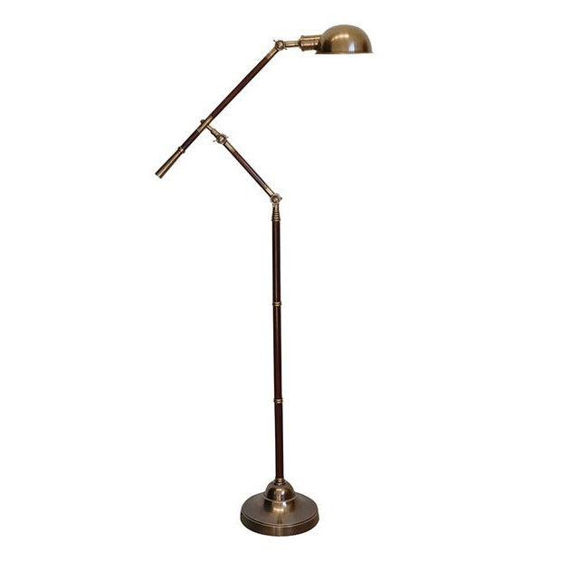 Antiqued Brass Adjustable Floor Lamp with Wooden Detail